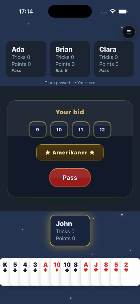 Amerikaner! - Bidding interface of the Amerikaner card game showing player scores and a hand of cards.