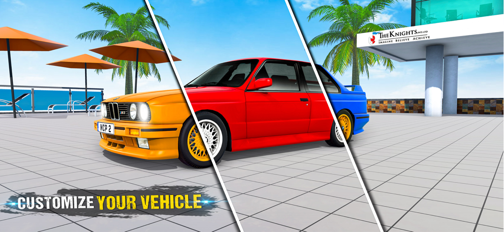 Car Parking Drive: Car Games - Una pantalla dividida que muestra un coche clásico en colores naranja, rojo y azul para demostrar las funciones de personalización del vehículo