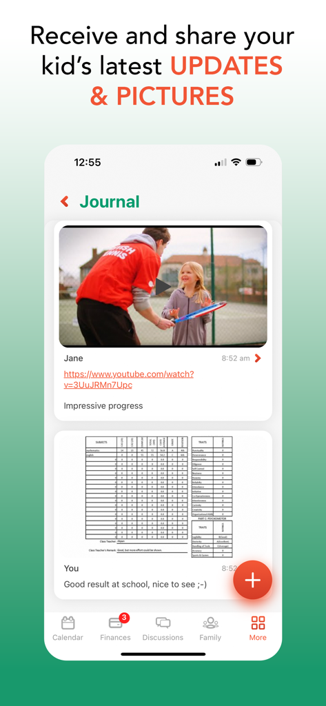 2houses: Better Co-parenting - Screenshot della funzione diario di 2houses che mostra foto condivise e aggiornamenti sui voti scolastici per la co-genitorialità.
