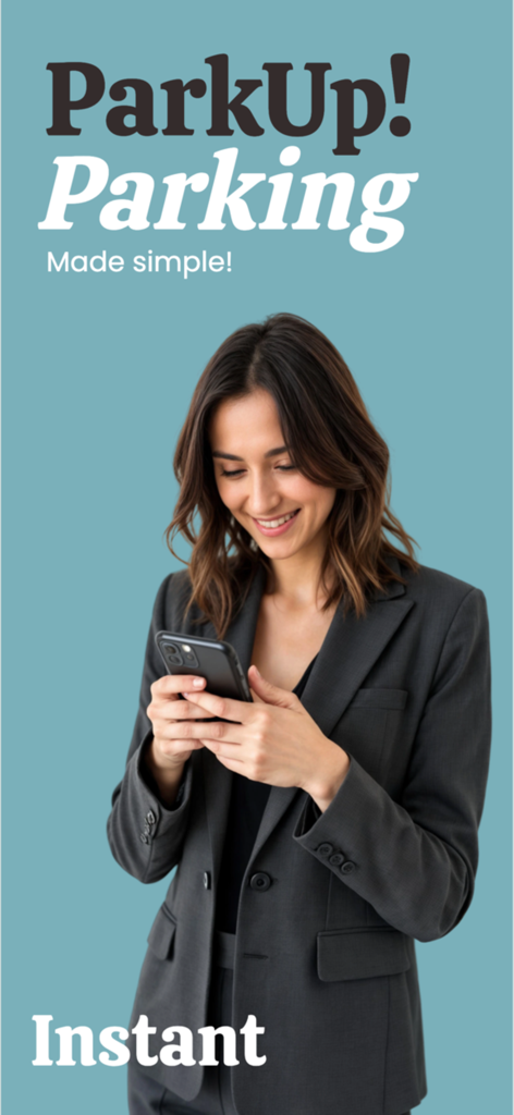 ParkUp App - A professional woman using the ParkUp app on her smartphone for instant parking solutions