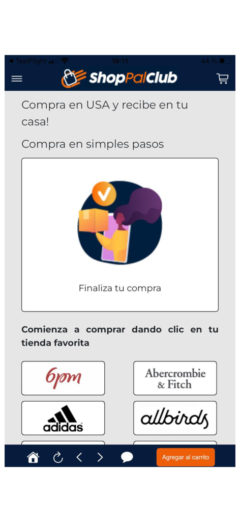 Interfaz de la aplicación ShoppalClub que muestra opciones para comprar en marcas de EE.UU. como Adidas y Abercrombie para entrega internacional