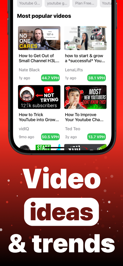 Creatipi app interface showing popular YouTube videos and trending content ideas for creators.
