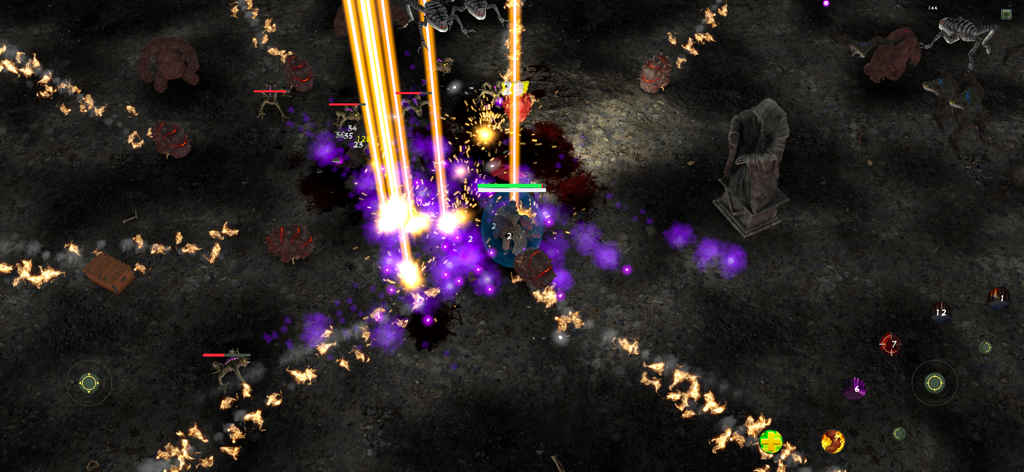 Scrappage‎ - A character fighting hordes of enemies with laser beams in the post-apocalyptic game Scrappage