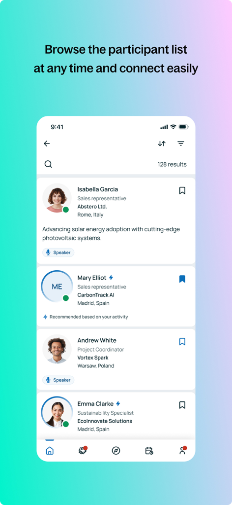Mobile app screen showing a searchable list of event participants for professional networking