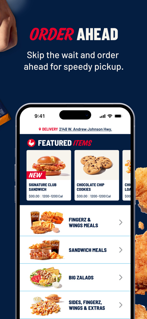 Zaxbys - Zaxbys mobile app menu screen featuring order ahead options for chicken meals and salads.