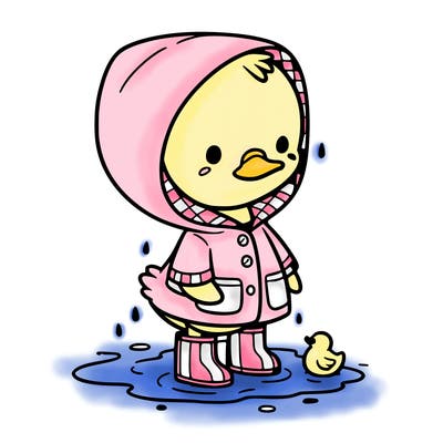 baby duck in a rain coat and boots, in a puddle while it’s raining