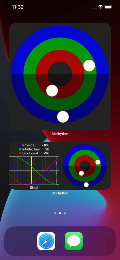 Pantalla de inicio de iPhone con widgets de Gráfico de Biorritmos que muestran datos de ciclos físicos, intelectuales y emocionales