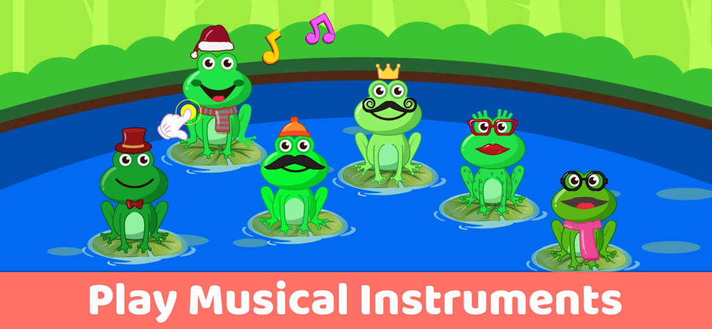 Piano Kids Music Learning Game - Seis ranas de dibujos animados con accesorios sobre nenúfares en un juego musical para niños
