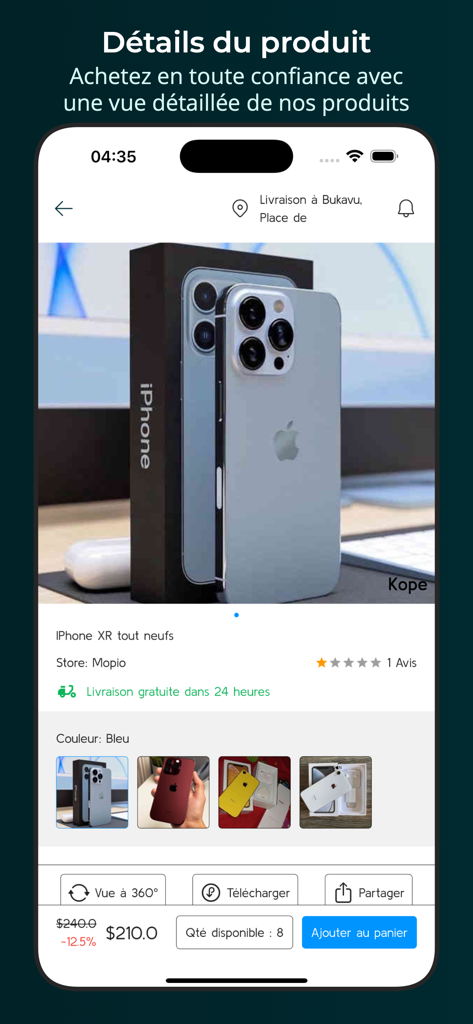 Kope - Interfaccia dell'app di shopping Kope che mostra informazioni dettagliate e prezzi per un prodotto iPhone