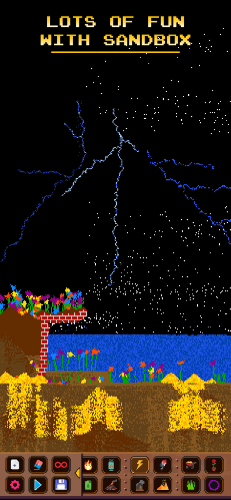 Sandbox - Physics Simulator - A pixel art physics simulation screen showing lightning striking above a garden and water with an element toolbar
