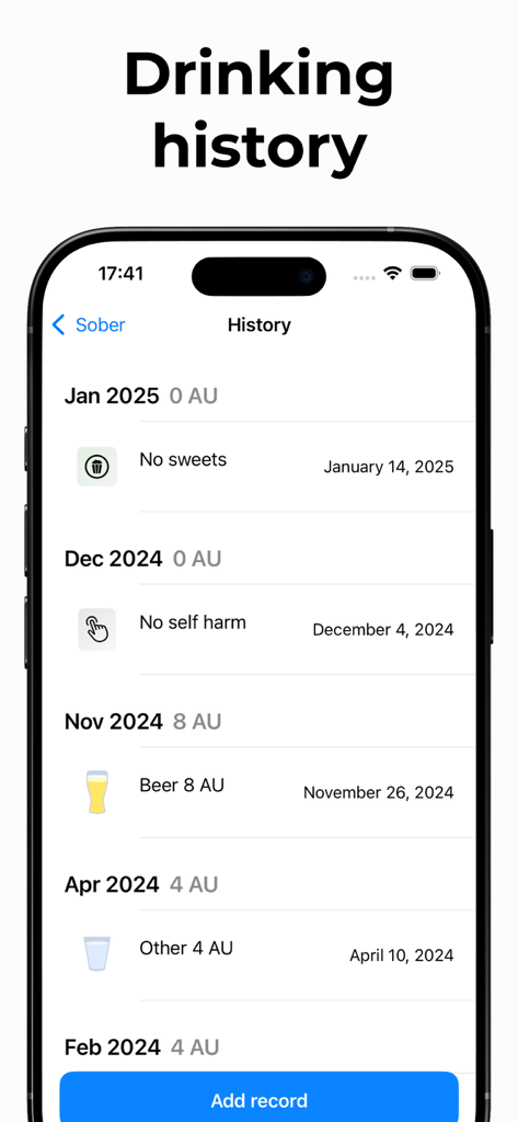 A screenshot of the Sober app showing a history log of alcohol consumption and other habits across several months.