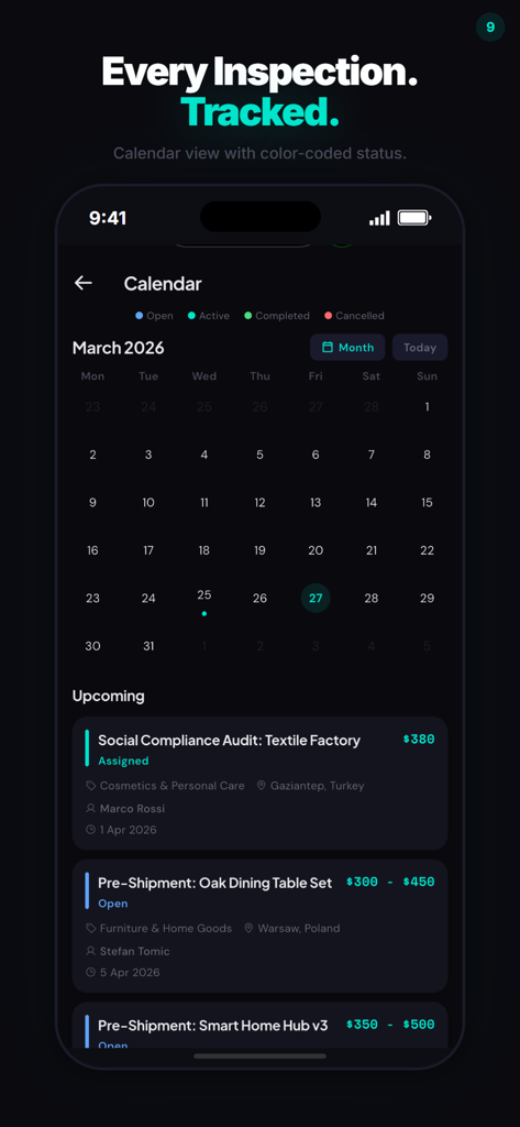 Spektor - Mobile screen of Spektor app showing a calendar view for tracking global factory inspections and upcoming audit schedules.