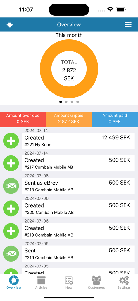 Panel de control de la aplicación móvil que muestra un resumen de facturación mensual con un gráfico circular del total y una lista del historial de facturas.
