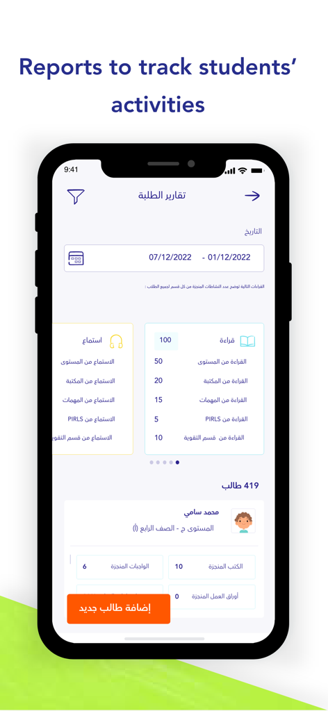 IRead Arabic Teacher Platform - Tableau de bord montrant les rapports d'activité des élèves et le suivi des progrès sur l'application mobile de la Plateforme d'Enseignement de l'Arabe IRead