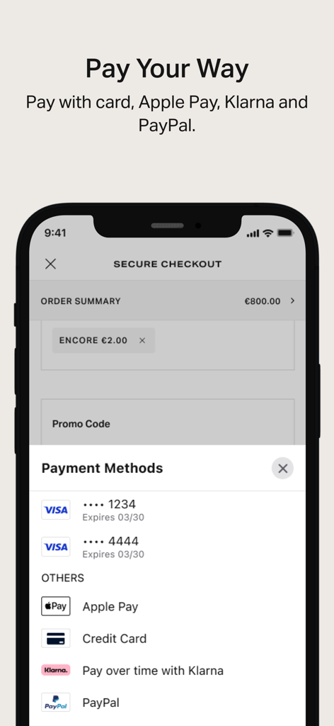 Brown Thomas - Secure checkout interface of the Brown Thomas app displaying payment options like Apple Pay and Klarna