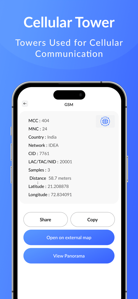 Interfaz de la aplicación Localizador de Antenas Celulares mostrando datos técnicos de una antena GSM que incluyen información de red y coordenadas