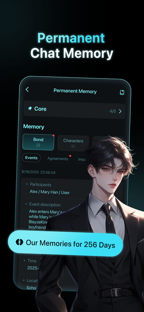 Interface of the PolyBuzz app showing the permanent chat memory feature with an anime style character in a suit