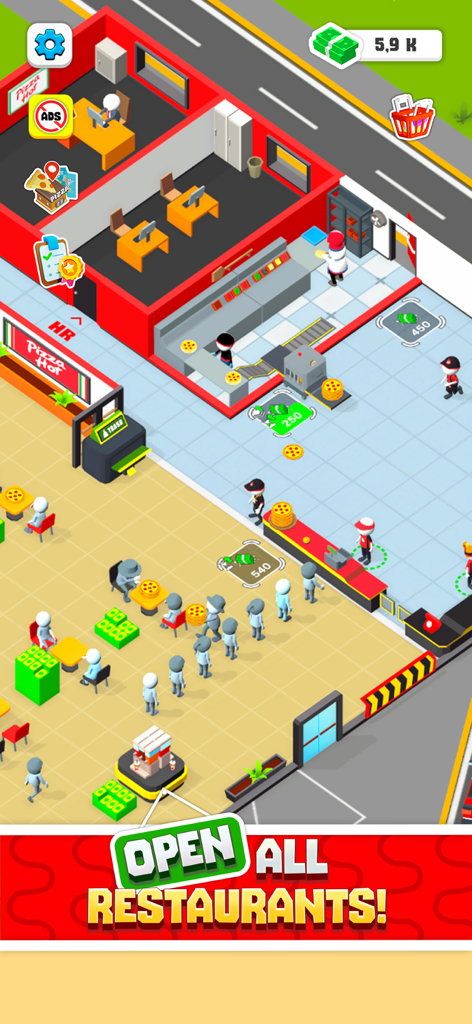 Oh My Pizza - Epic Pizza Games - A top-down view of a pizza shop with staff and customers in the Oh My Pizza game