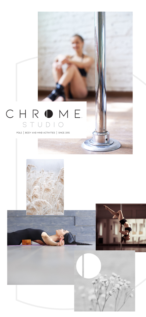 CHROME STUDIO - Collage showing pole dancing, yoga, and lifestyle wellness imagery for Chrome Studio