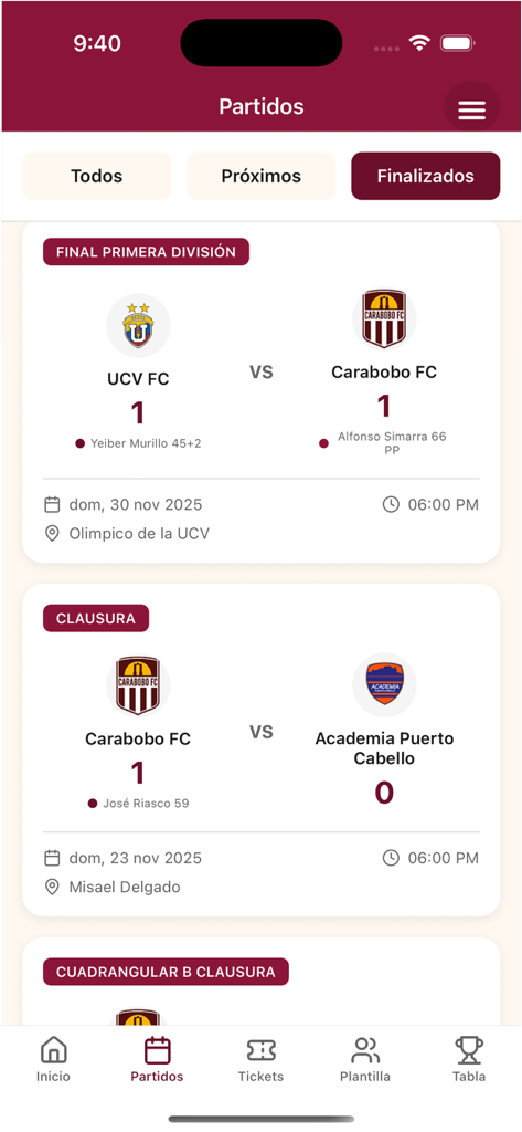 Carabobo FC - Schermata dell'app mobile Carabobo FC che mostra un elenco di risultati e punteggi delle recenti partite di calcio