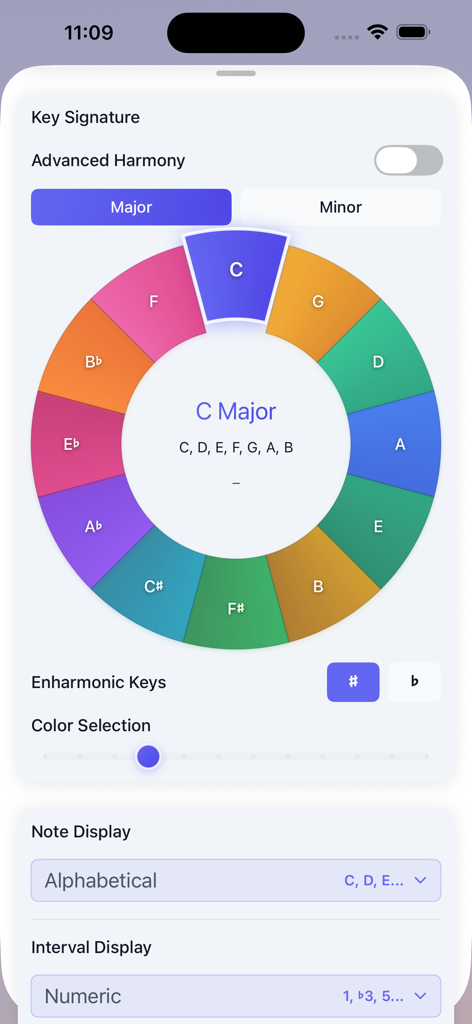 Violin Vista app interface featuring an interactive color wheel for selecting major and minor key signatures and customizing music theory settings.