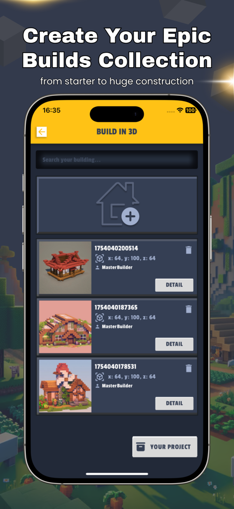 Interface of the Master Builder for Minecraft app displaying a collection of 3D building projects and schematics