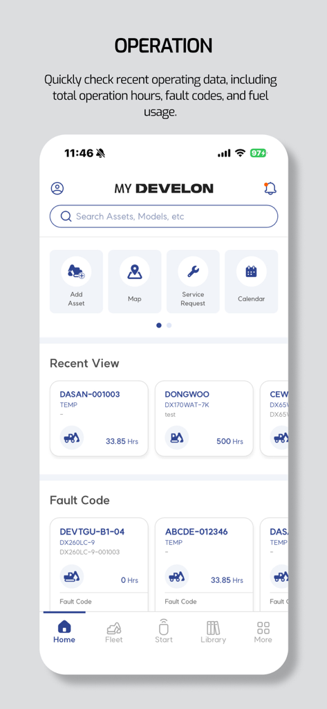 MY DEVELON - MY DEVELON mobile app dashboard showing construction equipment operation data and fault codes