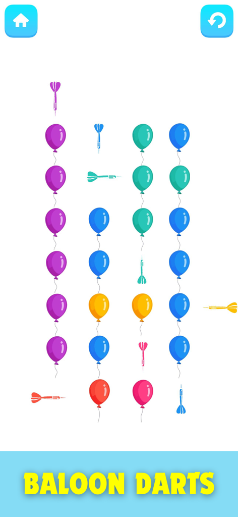 Offline Games Hub: Mini Games - A casual mini game called Balloon Darts featuring colorful balloons and flying darts on a white background