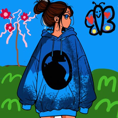 realistic girl with a oversized sweatshirt on and a bun