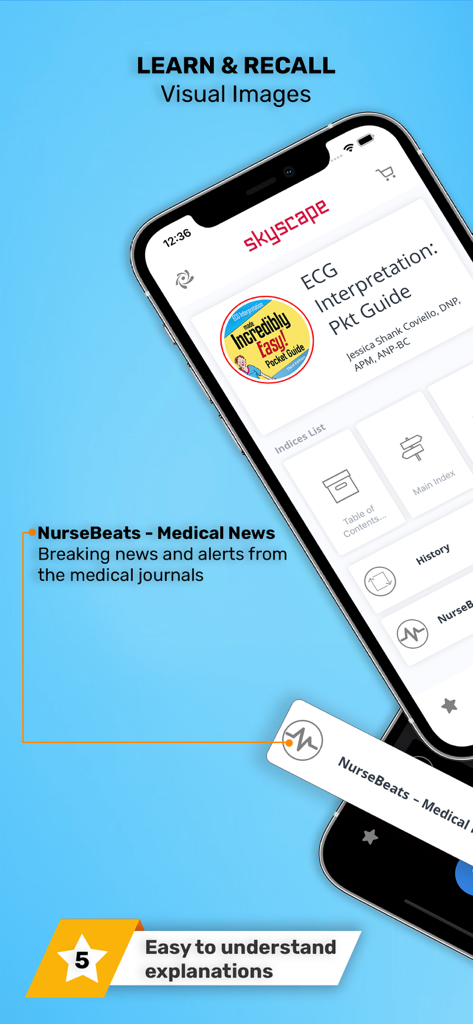 ECG Interpretation: Pkt Guide - Mobile app interface of ECG Interpretation Pocket Guide showing the NurseBeats medical news feature and navigation indices