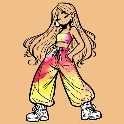 girl in baggy pants crop top and long hair