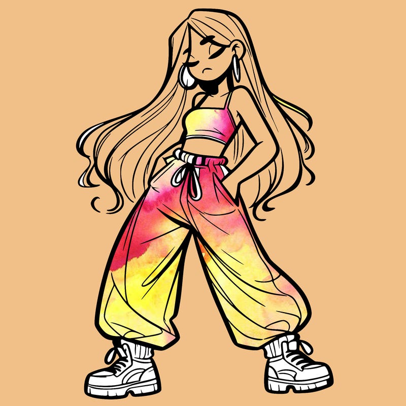 girl in baggy pants crop top and long hair