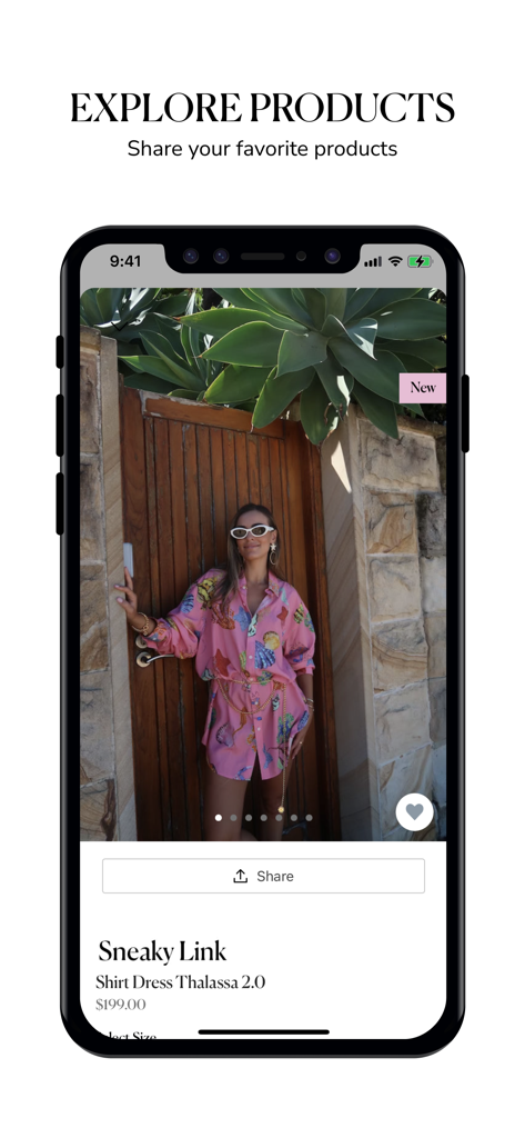 Girls with Gems - Mobile app screenshot of Girls with Gems showing a high-end pink patterned shirt dress product page with options to share and favorite.