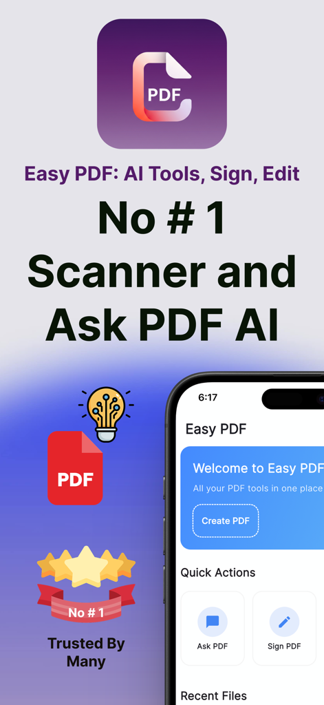 Easy PDF: AI Tools, Sign, Edit - Pantalla de inicio de la aplicación móvil Easy PDF con asistente de documentos IA y herramientas de firma electrónica
