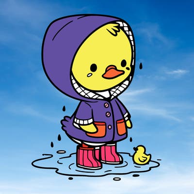 baby duck in a rain coat and boots, in a puddle while it’s raining