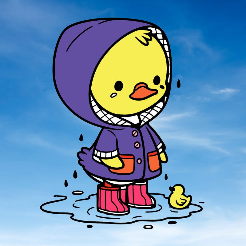 baby duck in a rain coat and boots, in a puddle while it’s raining