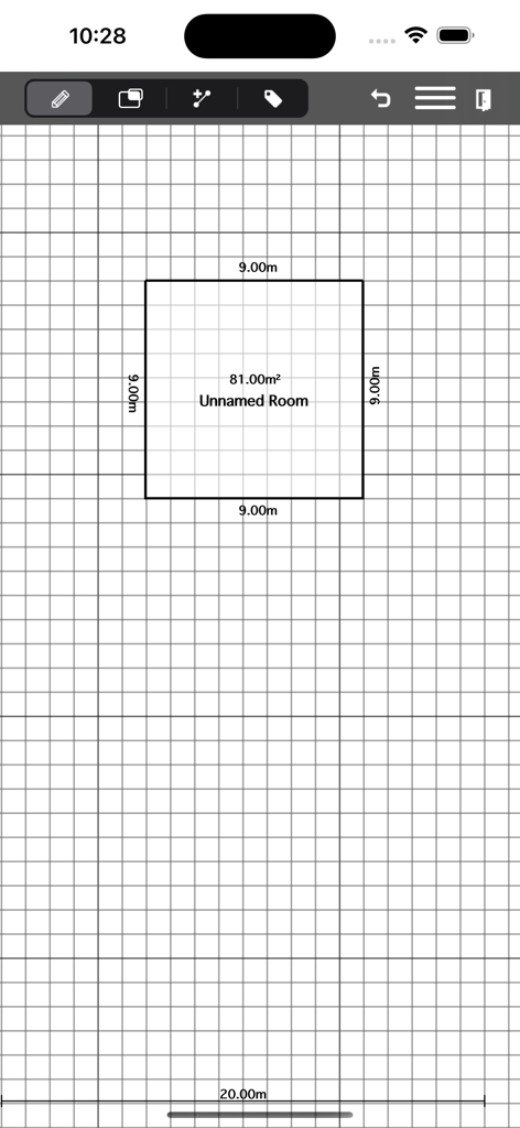 グリッド背景に寸法と面積が表示された正方形の部屋を描画する間取り図インターフェース。