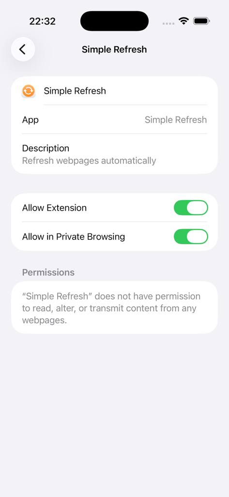 Settings screen for Simple Refresh Safari extension showing toggles to enable the extension and private browsing