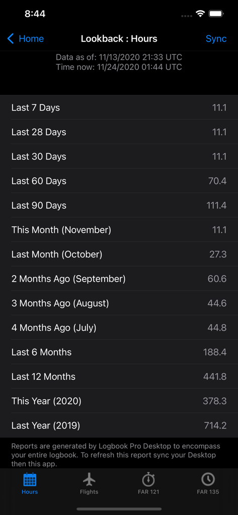 Logbook Pro app screen displaying historical flight hour totals for various time periods