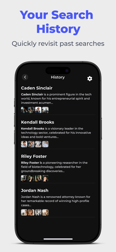 AI People Finder search history screen showing a list of past search results with names and summary biographies
