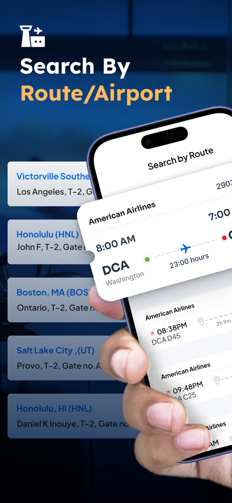 Ein iPhone zeigt die Funktion „Nach Route suchen“ der Flight Radar App, die American Airlines Flüge nach Washington DCA anzeigt.