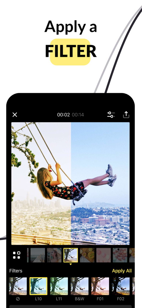 SlideLab app interface showing a split-screen photo filter comparison and a selection of filter effects at the bottom