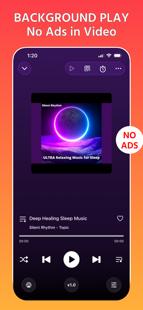 Offline Player: Music & MP3 - Interface of the Offline Player app showing background play and no ads features for music playback.