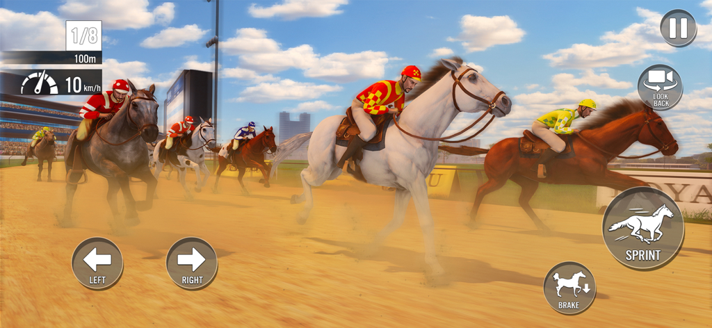 My Stable Horse Racing Games - Plusieurs jockeys s'affrontant dans une course de chevaux sur une piste en terre battue avec des boutons d'interface de jeu visibles