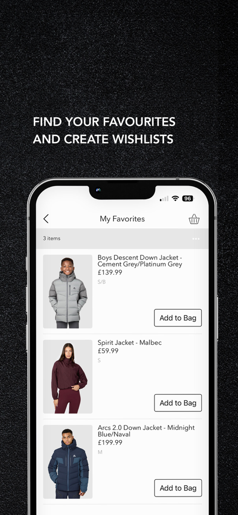 Montirex - Interfaccia dell'app Montirex che mostra giacche salvate in una lista dei preferiti con pulsanti 'aggiungi al carrello'.