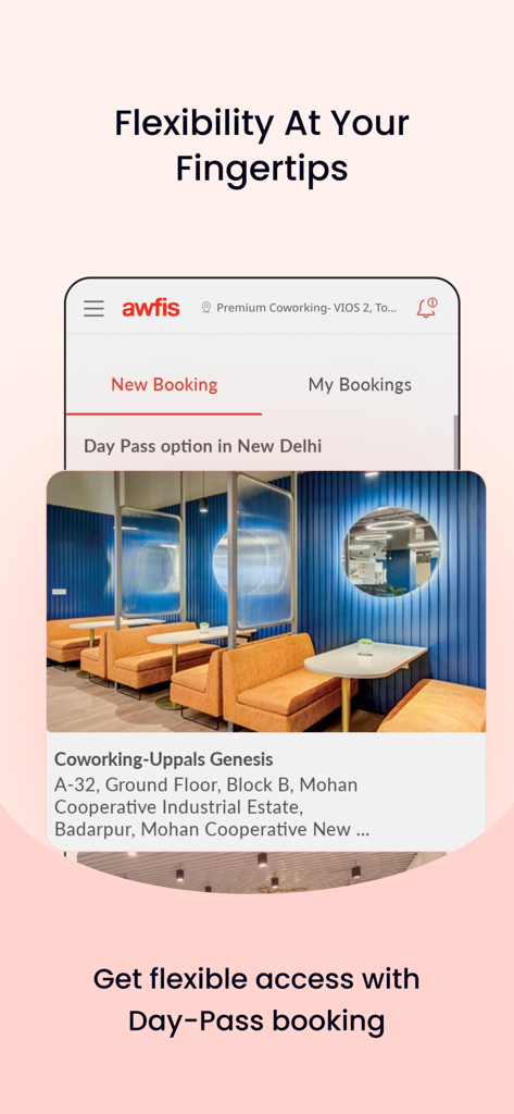 Awfis Coworking - Screenshot of the Awfis app showing the day pass booking option for coworking spaces in New Delhi
