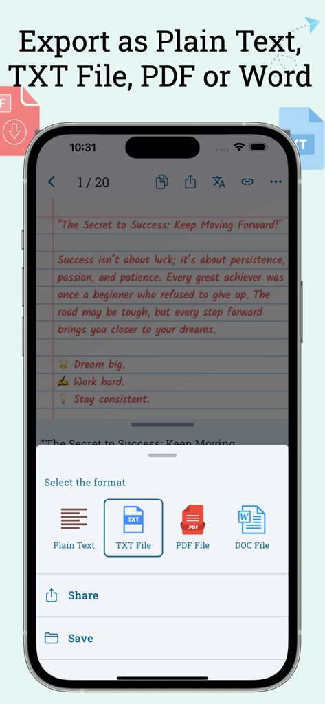 Mobile App-Oberfläche zum Exportieren gescannter handschriftlicher Notizen in PDF-, Word- und TXT-Dateien