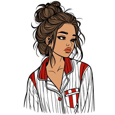 realistic woman with pajamas on and a messy bun