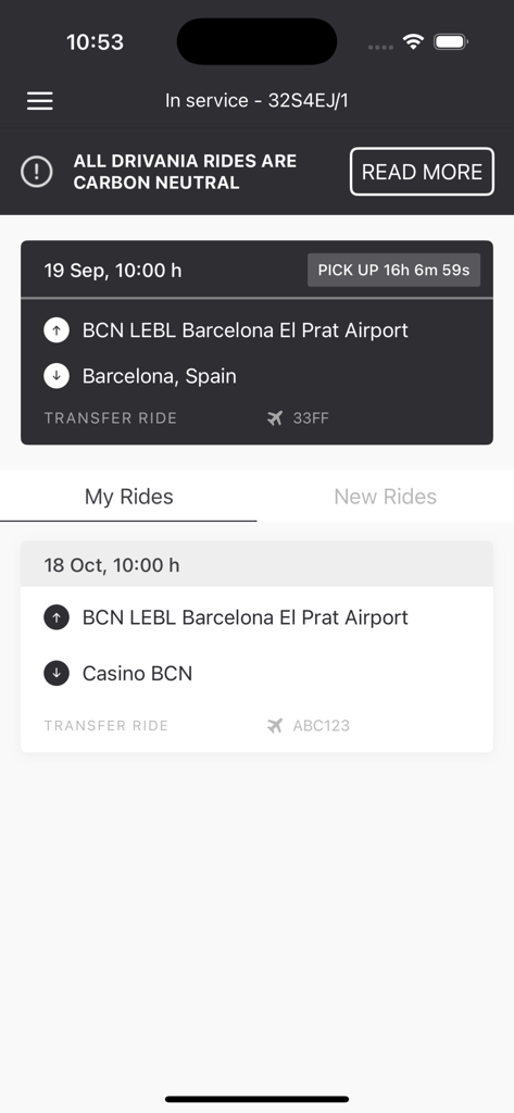 Interfaz de la aplicación Acceso de Conductores Drivania que muestra un horario de viajes de chófer confirmados y traslados al aeropuerto