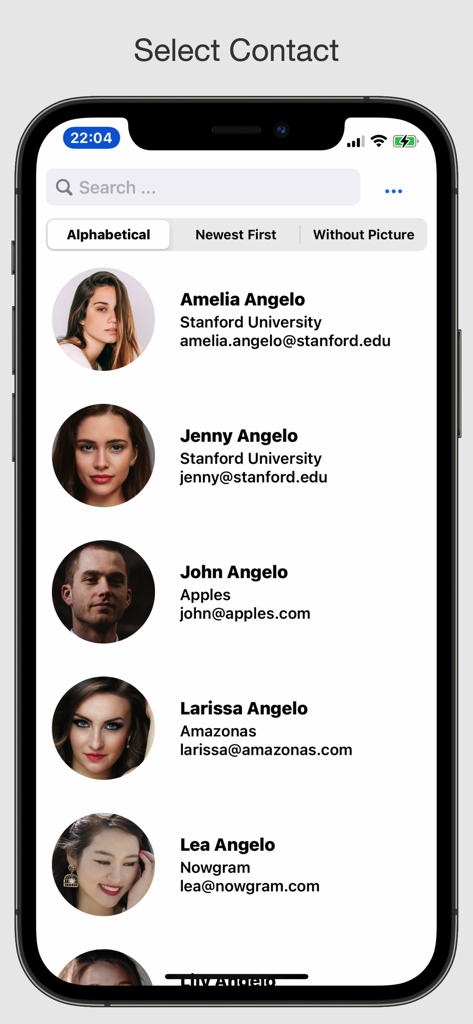 Contact Pics Adder - Interfaz de la aplicación Contact Pics Adder mostrando una lista de contactos con sus fotos de perfil y detalles